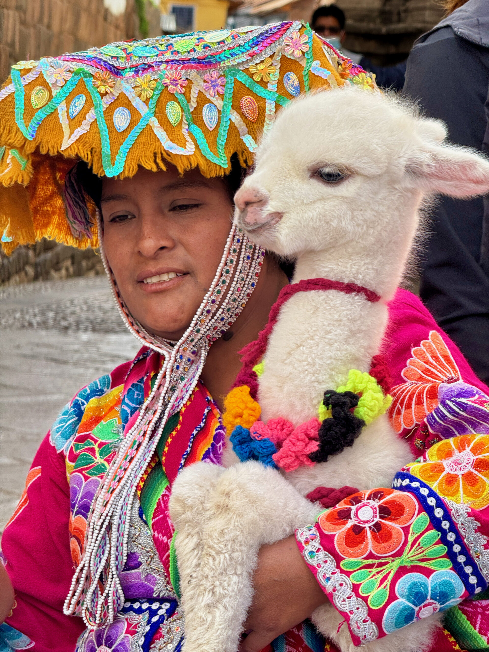 Mulher andina com traje tradicional colorido segurando uma alpaca, no Peru