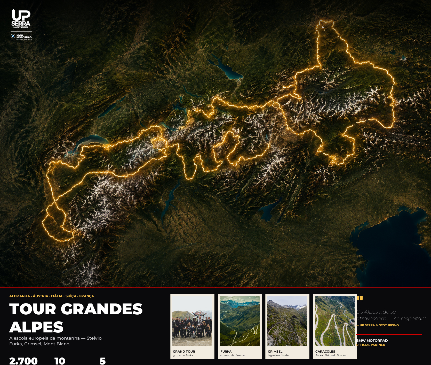 Alps High Passes Tour 2027 map · The School of the Mountain — UpSerra Mototurismo