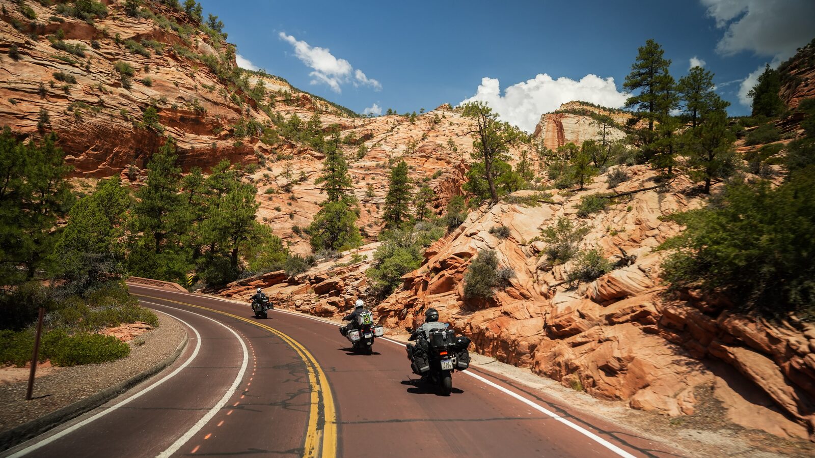 Grupo descendo a estrada de rocha vermelha do Zion National Park